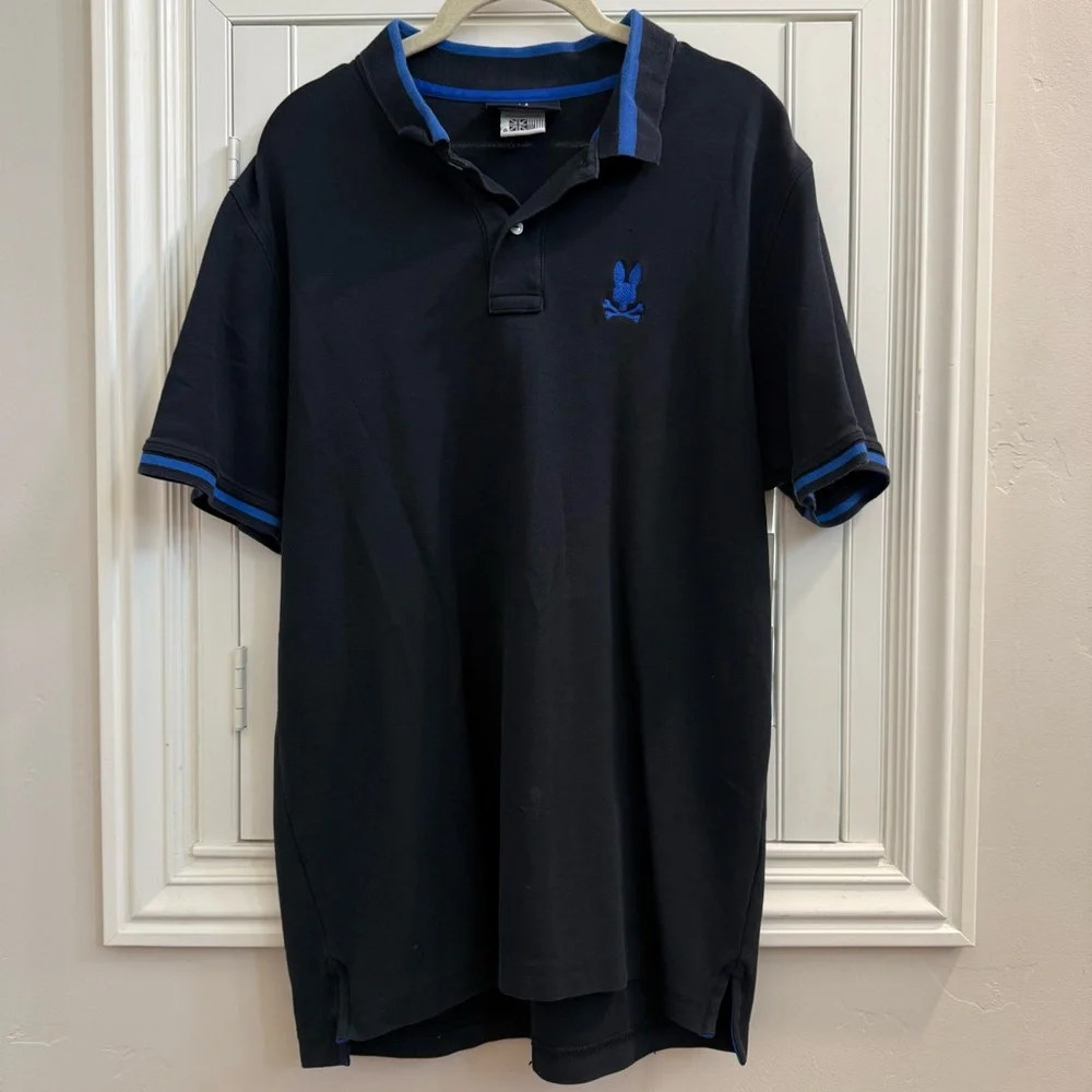 Psycho Bunny Men’s Black Polo with Blue Accents - Size 6 - Picture 1 of 4